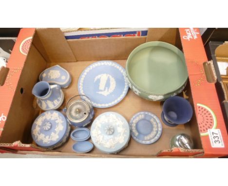 A collection of Wedgwood items to include sage green footed fruit bow, various coloured trinket boxes etc