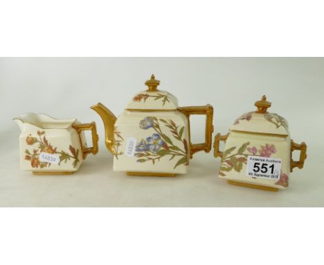 Royal Worcester Blush floral decorated tea set to include teapot, sugar bowl and cream. Hairline to lid. (3).