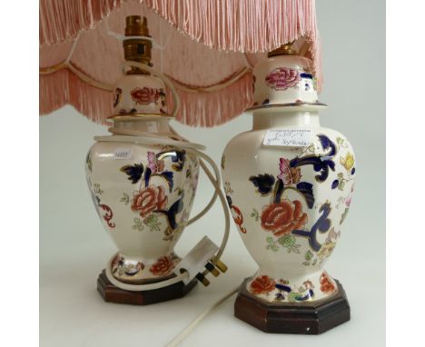 A pair of Masons blue Mandalay lamp bases with shades (2). 