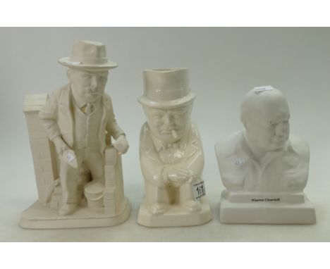 A collection of cream Winston Churchill themed items to include Bairstow Manor bust, Copeland Spode Toby Jug and unmarked/und