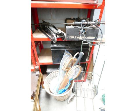 A mixed collection of vintage tools & outdoor sporting equipment to include, clamps, drill bits, Eclipse branded No.1 sprayer