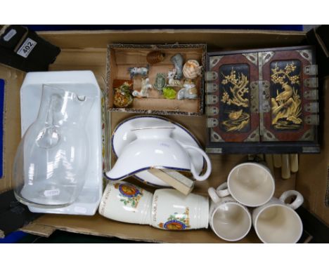 A mixed collection of ceramic items to include - commemorative mugs silver plated cutlery Collectable Pyrex dish, Roy Worcest