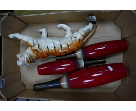 Large Melba Ware model of a tiger and three Doulton modern contemporary large skittle shaped vases (4)