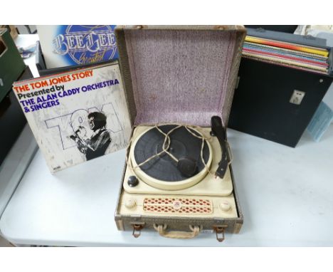 A cased record player together with 2 boxes of easy listening records and LPs (3). 