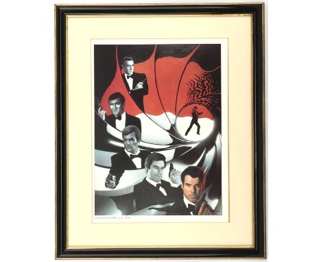 James Bond Rob Larson Print  James Bond Print featuring S.Connery, G.Lazenby, R.Moore, T.Dalton & P.Brosnan as Bond, limited 