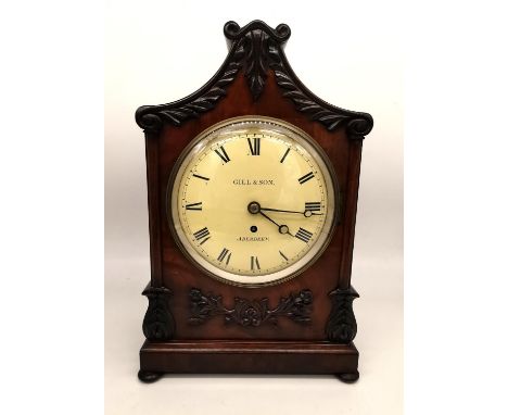 A 19th century mahogany mantle clock by Gill &amp; Son of Aberdeen, brass movement and painted dial with roman numerals, pier