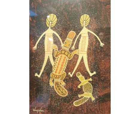 Leanne Reid Wanjidari, Aboriginal, (b.1966). framed and glazed acrylic on paper of two figures and two duck billed platypuses