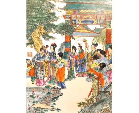 A framed 19th century Chinese hand painted porcelain plaque depicting a scene of the Dream of Red Mansions with red seal mark