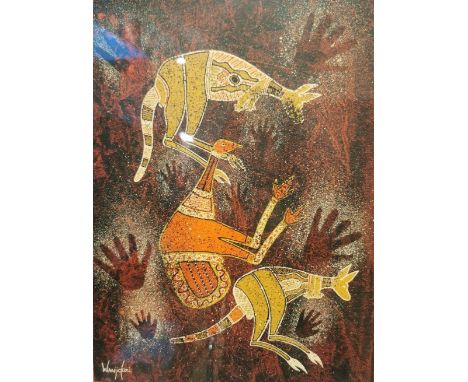 Leanne Reid Wanjidari, Aboriginal, (b.1966), framed and glazed acrylic on paper of two kangaroos and a cassowary, signed. H.6