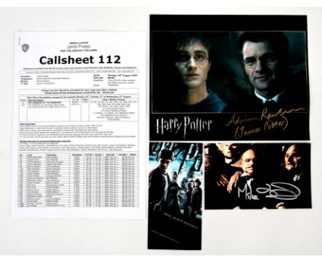 Harry Potter - Various items. Consisting a four page Call Sheet for The Deathly Hallows dated 10th August 2009, a Media Scree
