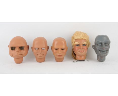 5 puppet heads made by Phil Eason for various projects, largest 13 cm (5). Alan Tracy, 2x Gordon Tracy, Mike Mercury and Dr. 