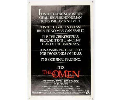 The Omen (1976) US One sheet advance film poster, directed by Richard Donner and starring Gregory Peck and Lee Remick, folded