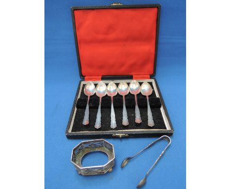 A cased set of six silver teaspoons, Sheffield 1939, William Hutton & Sons Ltd, an HM silver pair of sugar nips and holder