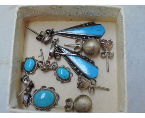 A small selection of white metal jewellery including turquoise enamel pendant and drop earrings