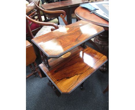 A late Victorian rosewood occasional table/dumb waiter having line inlay decoration of drop leaf design on ring turned gate l