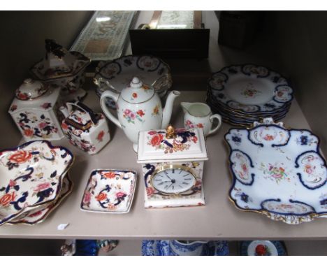 A selection of modern Masons ware in the Mandalay pattern including tureen, caddy, mantel clock etc, a Royal Doulton coffee p