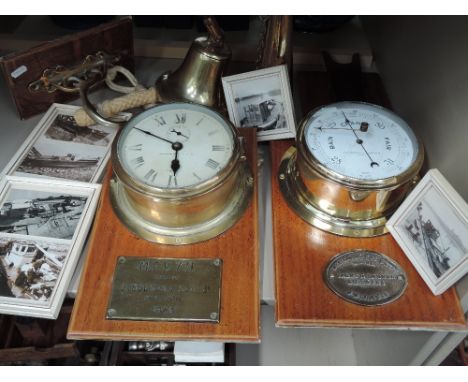 A collection of marine memorabilia for Barrow boat re-named Floearda with ships brass bell, horn, 1944 ships clock, 1950's ba