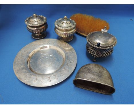 A small selection of HM silver and white metal including a clothes brush, spirit flask cup, cruet set etc