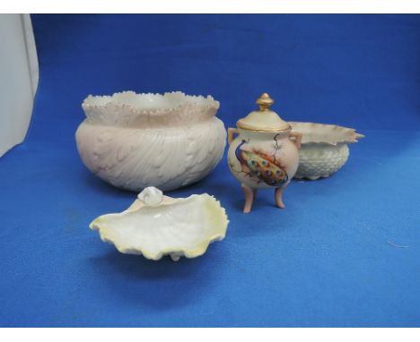 A Locke & Co Worcester dish of naturalistic form on blush ivory ground, a similar dish and lidded cauldron and a Royal China 