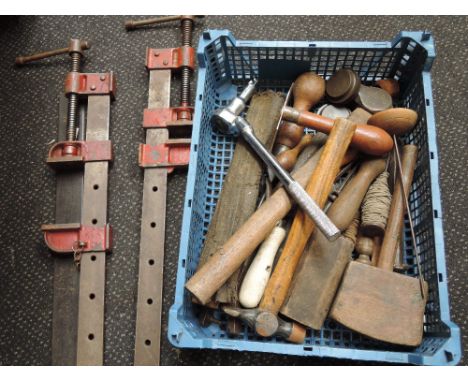 A pair of sash clamps and a selection of other vintage tools