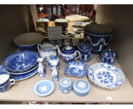 A selection of blue and white ceramics and similar Wedgwood, Victorian, Royal Worcester, Dresden etc