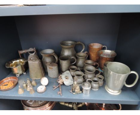 A selection of metalware and miscellaneous including pewter tankards, flat iron, Grasmere sports interest, keys, compass, cow