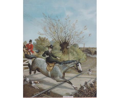 A print, chromolithographic, A Close Shave, hunting and railway interest