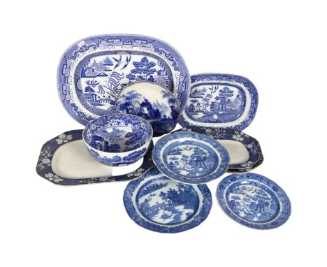 A Victorian Willow pattern meat plate, 45cm, Willow pattern and other blue and white plates, and a Spode Italian pattern frui