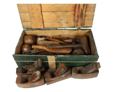 A box of lead worker's tools, bobs, and various woodworking planes 