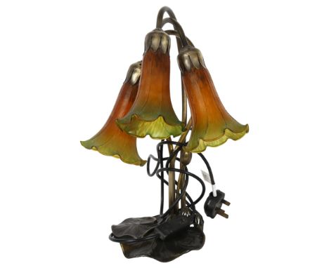 A Tiffany style 3-branch table lamp, with flower-head design shades, H40cm 