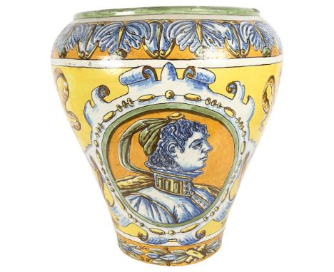 A large 19th century Italian Maiolica jardiniere, with portrait panels, H50cm 