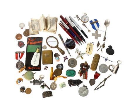 A group of interesting items, to include an early 20th century enamel sign "Just Wolfram", a banded agate brooch, medallions 
