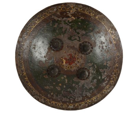 A 19th century Indian Dhal shield of convex form, with painted decoration and studded with 4 large bronze bosses, diameter 46