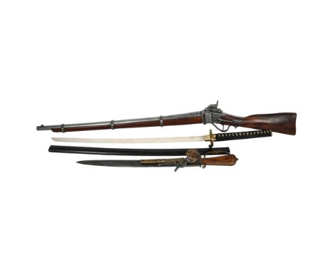 A reproduction Japanese sword in scabbard, an ornamental rifle, and a knife, L63cm (3) 