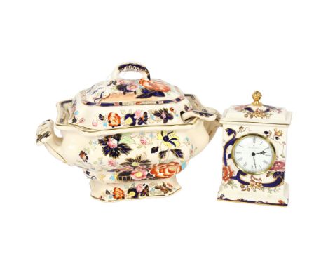 Mason's ironstone clock in Blue Mandalay pattern, 19cm, and matching soup tureen and cover with ladle 