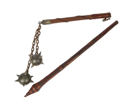 A Japanese short sword and scabbard, length overall 61cm, and a reproduction flail 