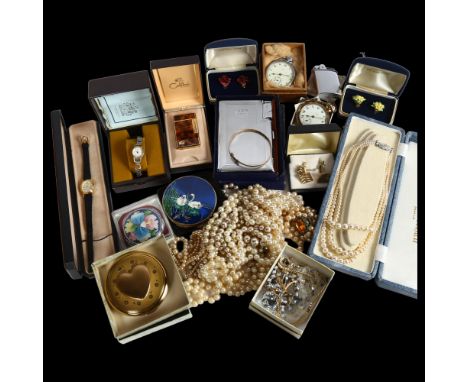 A quantity of Vintage and other costume jewellery, compacts, Smiths Empire plated pocket watch, pearl necklaces, and a boxed 