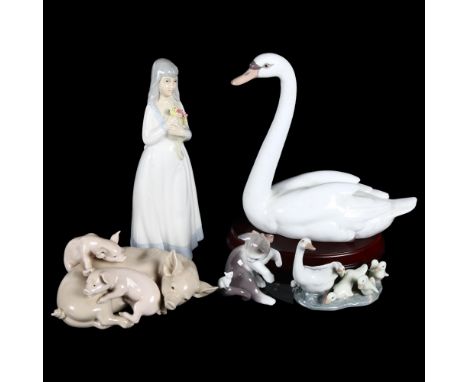 A group of 4 Lladro figures, including swan on plinth, H24cm, a kitten and mouse, and a sow and piglets, and another Spanish 