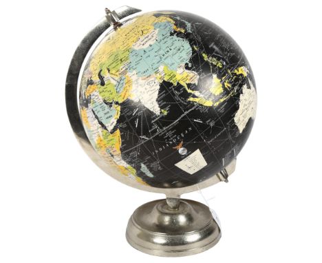 A mid-century black ground terrestrial globe, on chromed stand, H42cm 