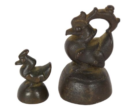 2 Burmese bronze opium weights, in the form of mythical figures, largest 9.5cm 