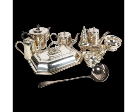Various silver plated teaware, including hotel plate, entree dish and cover, large ladle etc 