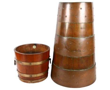 A Lister coopered bucket with makers label and another planished copper bound stick stand, tallest 55cm 