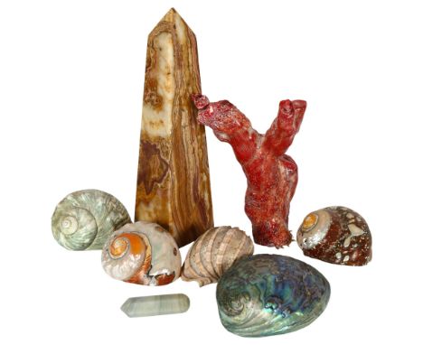 A quantity of coloured shells and stone ornaments, including an agate pyramid tower 