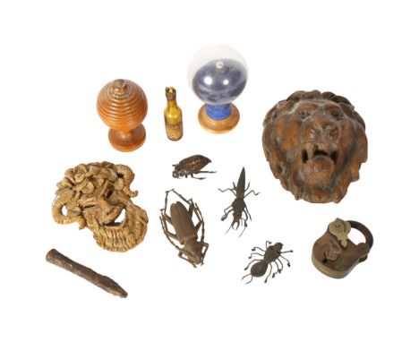 A group of interesting items, to include a bottle of optical crystals, a turned treen bobbin holder, miniature metal bugs, ca