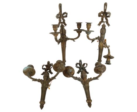 A set of 4 Adams style cast gilt-bronze twin-branch wall lights, with acanthus leaf decoration, and ribbon and bow pediments,