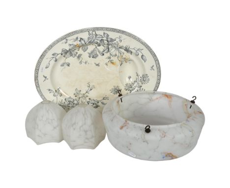 Art Deco marbled glass ceiling light bowl, diameter 34cm, pair of light shades, and a Wedgwood &amp; Co meat dish with draine