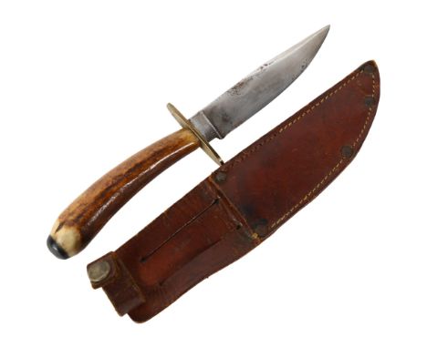 ROWBOTHAM - an Antique horn-handled knife with leather scabbard, length 20cm 