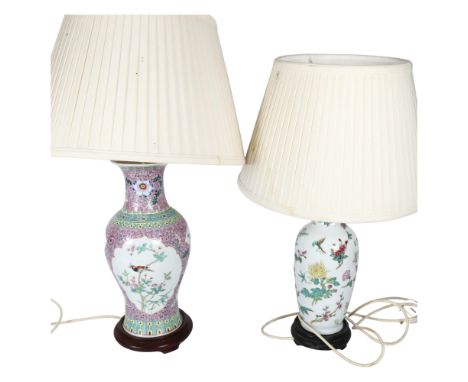 A modern Chinese style bolster enamelled decoration table lamp, with lamp shade, and 1 other, largest height including lamp s