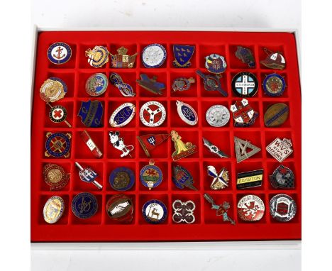 48 Vintage enamel and other badges, to include The WVS Civil Service, The Unquenchable Light Wales 1953, TS Arethusa, Sussex 