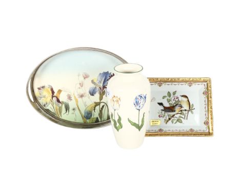 A painted ceramic tray with silver plated gallery, Limoges dish with bird decoration, and a Tiffany tulips vase, H21cm 